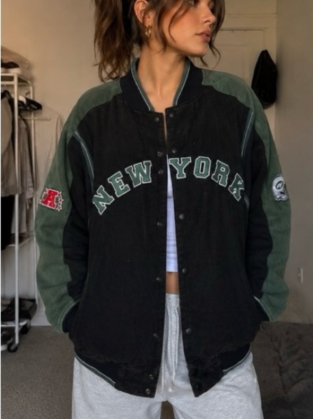 New York Jets VINTAGE Two-Tone Black & Forest Green Varsity Jacket